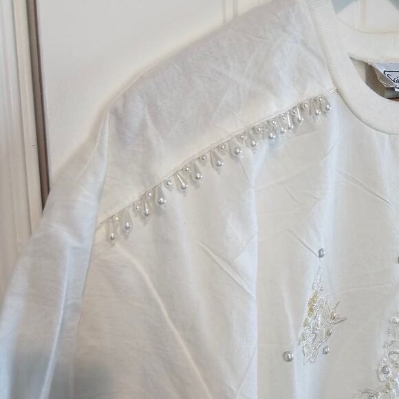 Saint Germain Vintage Blouse Women Medium White Beaded Cottage Glam Retro Granny - Picture 4 of 10